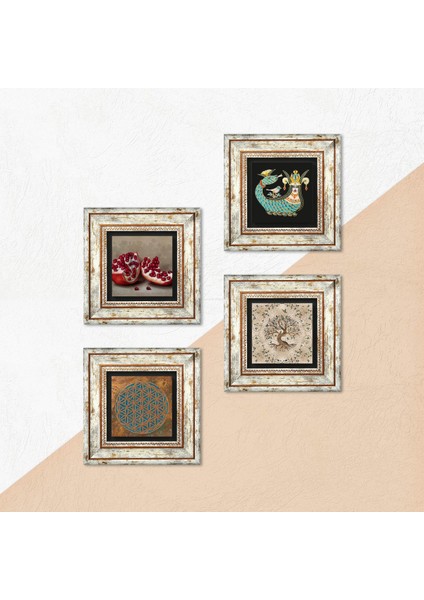 Yaşam Çiçeği, Şahmeran, Hayat Ağacı, Nar Taş Duvar Tablosu Çerçeveli Duvar Dekoru 4 Parça Tablo Seti Wall Art T4-763