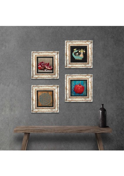 Yaşam Çiçeği, Şahmeran, Nar Çerçeveli Taş Duvar Tablosu 4’lü Set - Dekoratif Modern Sanat, Ev ve Ofis Dekoru |TK4-764|