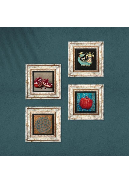 Yaşam Çiçeği, Şahmeran, Nar Çerçeveli Taş Duvar Tablosu 4’lü Set - Dekoratif Modern Sanat, Ev ve Ofis Dekoru |TK4-764| fırsatları