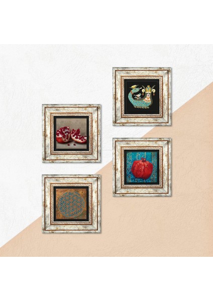 Yaşam Çiçeği, Şahmeran, Nar Çerçeveli Taş Duvar Tablosu 4’lü Set - Dekoratif Modern Sanat, Ev ve Ofis Dekoru |TK4-764| indirimleri