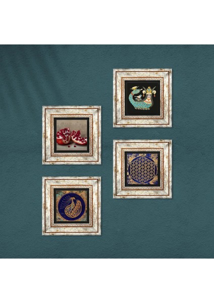 Stone Tavus Kuşu, Yaşam Çiçeği, Şahmeran, Nar Çerçeveli Taş Duvar Tablosu 4’lü Set - Dekoratif Modern Sanat, Ev ve Ofis Dekoru |TK4-775| fırsatları