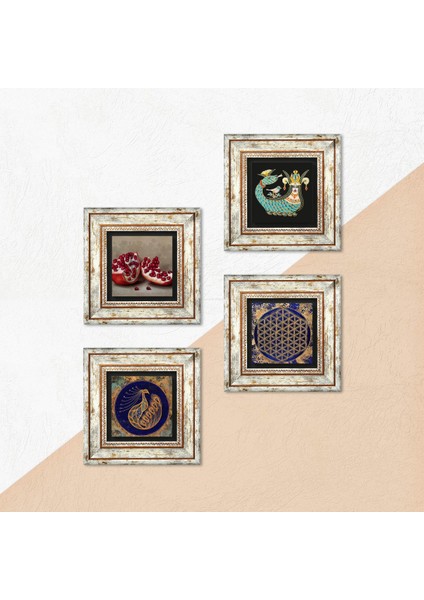 Stone Tavus Kuşu, Yaşam Çiçeği, Şahmeran, Nar Çerçeveli Taş Duvar Tablosu 4’lü Set - Dekoratif Modern Sanat, Ev ve Ofis Dekoru |TK4-775| indirimleri