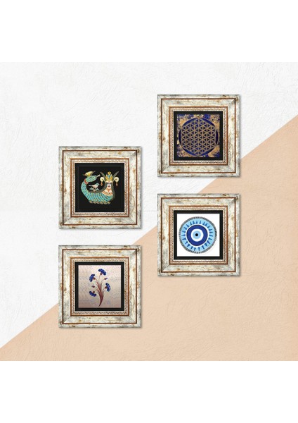 Nazar, Ebru Sanatı, Yaşam Çiçeği, Şahmeran Taş Duvar Tablosu Çerçeveli Duvar Dekoru 4 Parça Tablo Seti Wall Art T4-997