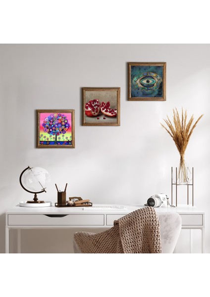 Nazar, Hayat Ağacı, Nar Taş Duvar Tablosu Ahşap Çerçeveli Duvar Dekoru 3 Parça Tablo Seti Wall Art W3-1057