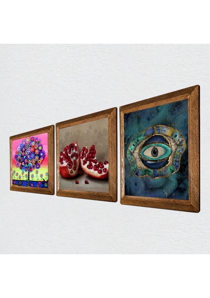 Nazar, Hayat Ağacı, Nar Taş Duvar Tablosu Ahşap Çerçeveli Duvar Dekoru 3 Parça Tablo Seti Wall Art W3-1057 fiyatları