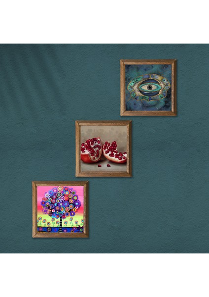 Nazar, Hayat Ağacı, Nar Taş Duvar Tablosu Ahşap Çerçeveli Duvar Dekoru 3 Parça Tablo Seti Wall Art W3-1057 modelleri