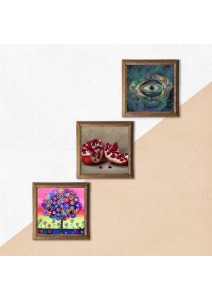 Nazar, Hayat Ağacı, Nar Taş Duvar Tablosu Ahşap Çerçeveli Duvar Dekoru 3 Parça Tablo Seti Wall Art W3-1057 indirimleri