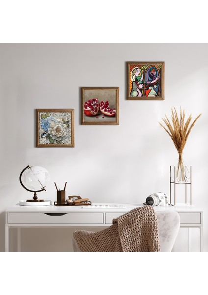Picasso Ayna Karşısındaki Kız, Kelebekli Çiçek, Nar Taş Duvar Tablosu Ahşap Çerçeveli Duvar Dekoru 3 Parça Tablo Seti Wall Art W3-1197