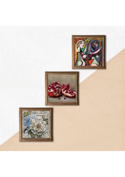 Picasso Ayna Karşısındaki Kız, Kelebekli Çiçek, Nar Taş Duvar Tablosu Ahşap Çerçeveli Duvar Dekoru 3 Parça Tablo Seti Wall Art W3-1197