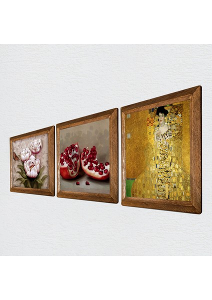 Gustav Klimt Bauer'in Portresi, Kelebekli Çiçek, Nar Taş Duvar Tablosu Ahşap Çerçeveli Duvar Dekoru 3 Parça Tablo Seti Wall Art W3-1267 fiyatları