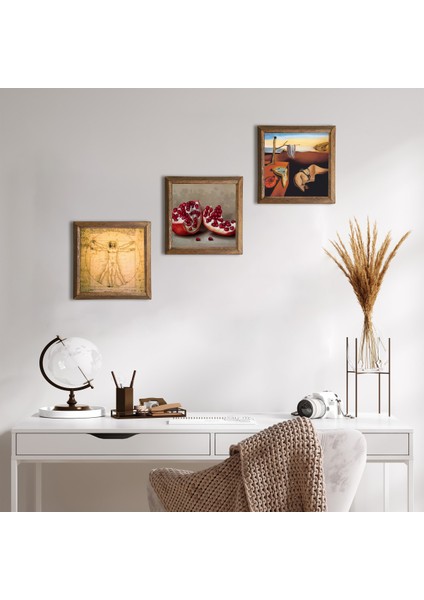 Salvador Dalí Belleğin Azmi, Da Vinci Vitruvius Adamı, Nar Taş Duvar Tablosu Ahşap Çerçeveli Duvar Dekoru 3 Parça Tablo Seti Wall Art W3-1400