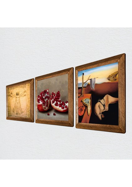 Salvador Dalí Belleğin Azmi, Da Vinci Vitruvius Adamı, Nar Taş Duvar Tablosu Ahşap Çerçeveli Duvar Dekoru 3 Parça Tablo Seti Wall Art W3-1400