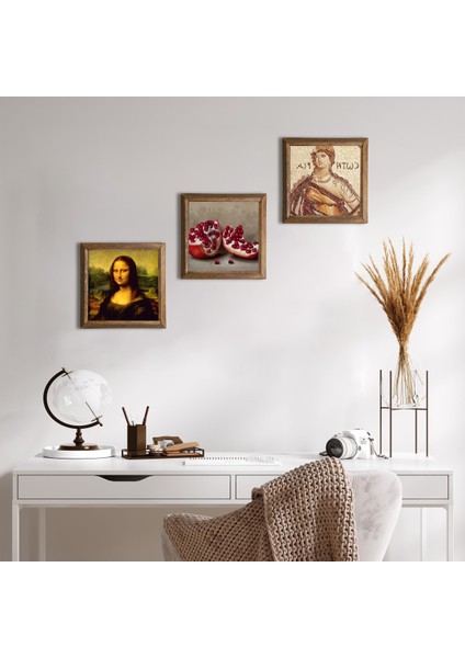 Stone Soteria Mozaiği, Leonardo da Vinci Mona Lisa, Nar Ahşap Çerçeveli Taş Duvar Tablosu 3’lü Set – 25x25 cm Dekoratif Modern Sanat – Ev ve Ofis Dekoru |W3-1414|