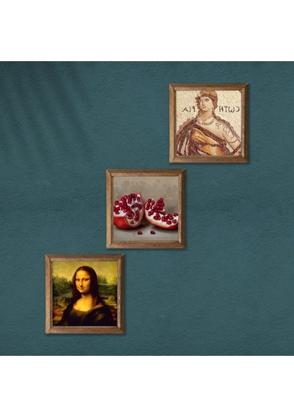 Stone Soteria Mozaiği, Leonardo da Vinci Mona Lisa, Nar Ahşap Çerçeveli Taş Duvar Tablosu 3’lü Set – 25x25 cm Dekoratif Modern Sanat – Ev ve Ofis Dekoru |W3-1414| modelleri