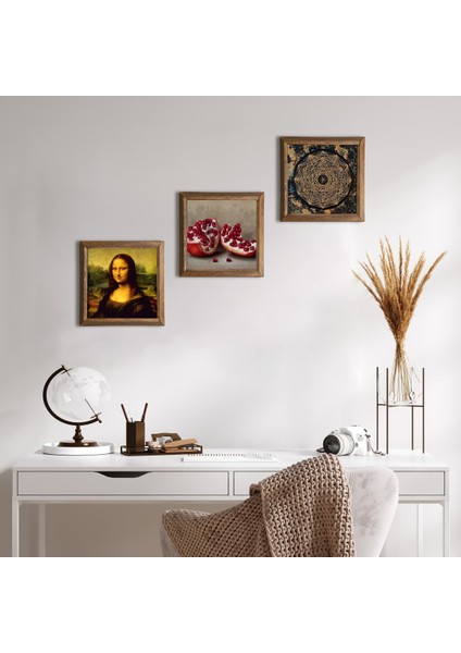 Sri Yantra, Leonardo da Vinci Mona Lisa, Nar Ahşap Çerçeveli Taş Duvar Tablosu 3’lü Set – 25x25 cm Dekoratif Modern Sanat – Ev ve Ofis Dekoru |W3-1431|