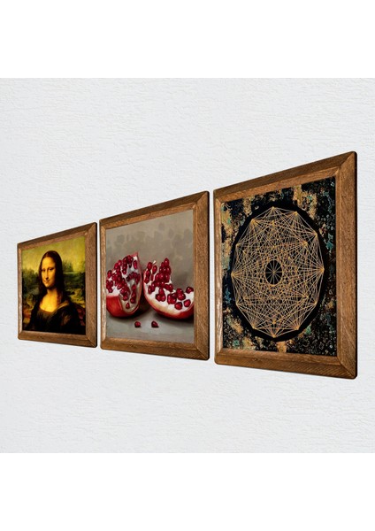 Sri Yantra, Leonardo da Vinci Mona Lisa, Nar Ahşap Çerçeveli Taş Duvar Tablosu 3’lü Set – 25x25 cm Dekoratif Modern Sanat – Ev ve Ofis Dekoru |W3-1431| fiyatları