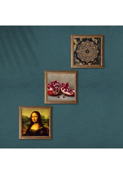 Sri Yantra, Leonardo da Vinci Mona Lisa, Nar Ahşap Çerçeveli Taş Duvar Tablosu 3’lü Set – 25x25 cm Dekoratif Modern Sanat – Ev ve Ofis Dekoru |W3-1431| modelleri