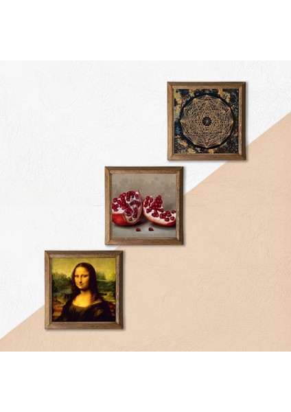Sri Yantra, Leonardo da Vinci Mona Lisa, Nar Ahşap Çerçeveli Taş Duvar Tablosu 3’lü Set – 25x25 cm Dekoratif Modern Sanat – Ev ve Ofis Dekoru |W3-1431| indirimleri