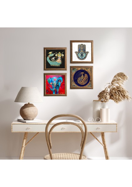 Fil, Tavus Kuşu, Şahmeran, Fatma Ana Eli (Hamsa) Ahşap Çerçeveli Taş Duvar Tablosu 4’lü Set – 25x25 cm Dekoratif Modern Sanat – Ev ve Ofis Dekoru |W4-294|