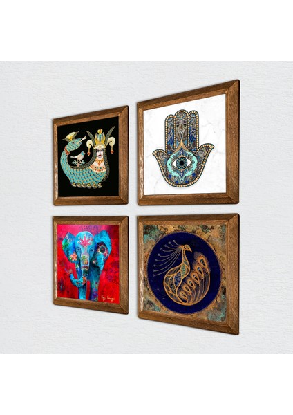 Fil, Tavus Kuşu, Şahmeran, Fatma Ana Eli (Hamsa) Ahşap Çerçeveli Taş Duvar Tablosu 4’lü Set – 25x25 cm Dekoratif Modern Sanat – Ev ve Ofis Dekoru |W4-294| fiyatları
