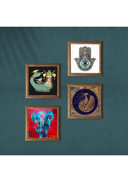 Fil, Tavus Kuşu, Şahmeran, Fatma Ana Eli (Hamsa) Ahşap Çerçeveli Taş Duvar Tablosu 4’lü Set – 25x25 cm Dekoratif Modern Sanat – Ev ve Ofis Dekoru |W4-294| modelleri