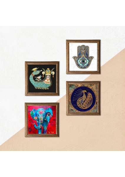 Fil, Tavus Kuşu, Şahmeran, Fatma Ana Eli (Hamsa) Ahşap Çerçeveli Taş Duvar Tablosu 4’lü Set – 25x25 cm Dekoratif Modern Sanat – Ev ve Ofis Dekoru |W4-294| indirimleri