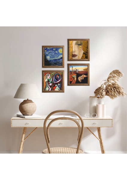 Stone Salvador Dalí, Picasso, Van Gogh, Gustav Klimt Ahşap Çerçeveli Taş Duvar Tablosu 4’lü Set – 25x25 cm Dekoratif Modern Sanat – Ev ve Ofis Dekoru |W4-696|