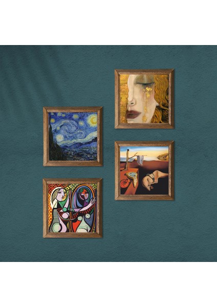 Stone Salvador Dalí, Picasso, Van Gogh, Gustav Klimt Ahşap Çerçeveli Taş Duvar Tablosu 4’lü Set – 25x25 cm Dekoratif Modern Sanat – Ev ve Ofis Dekoru |W4-696| modelleri