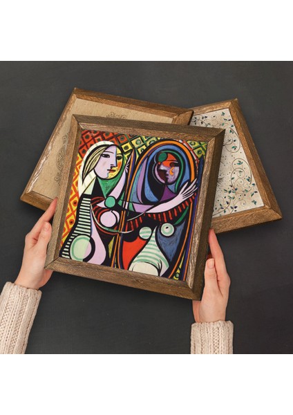 Stone Salvador Dalí, Picasso, Van Gogh, Gustav Klimt Ahşap Çerçeveli Taş Duvar Tablosu 4’lü Set – 25x25 cm Dekoratif Modern Sanat – Ev ve Ofis Dekoru |W4-696| fırsatları