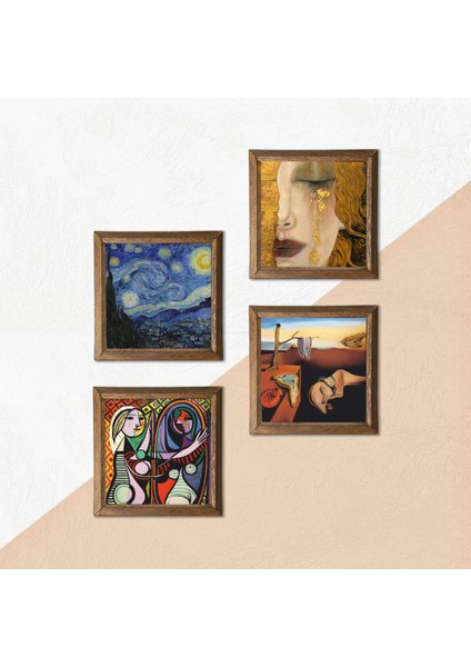 Stone Salvador Dalí, Picasso, Van Gogh, Gustav Klimt Ahşap Çerçeveli Taş Duvar Tablosu 4’lü Set – 25x25 cm Dekoratif Modern Sanat – Ev ve Ofis Dekoru |W4-696| indirimleri