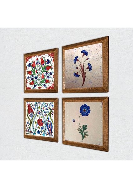 Lale, Ebru Sanatı Taş Duvar Tablosu Ahşap Çerçeveli Duvar Dekoru 4 Parça Tablo Seti Wall Art W4-702
