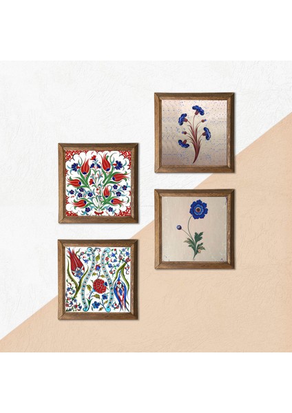 Lale, Ebru Sanatı Taş Duvar Tablosu Ahşap Çerçeveli Duvar Dekoru 4 Parça Tablo Seti Wall Art W4-702