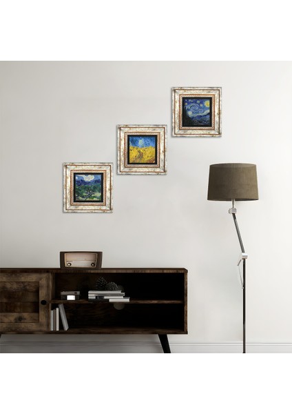 Van Gogh Zeytin Ağaçları, Buğday Tarlası, Yıldızlı Gece Çerçeveli Taş Duvar Tablosu 3’lü Set - Dekoratif Modern Sanat, Ev ve Ofis Dekoru |TK3-585|