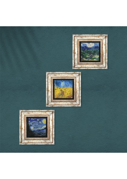 Van Gogh Zeytin Ağaçları, Buğday Tarlası, Yıldızlı Gece Çerçeveli Taş Duvar Tablosu 3’lü Set - Dekoratif Modern Sanat, Ev ve Ofis Dekoru |TK3-585| fırsatları