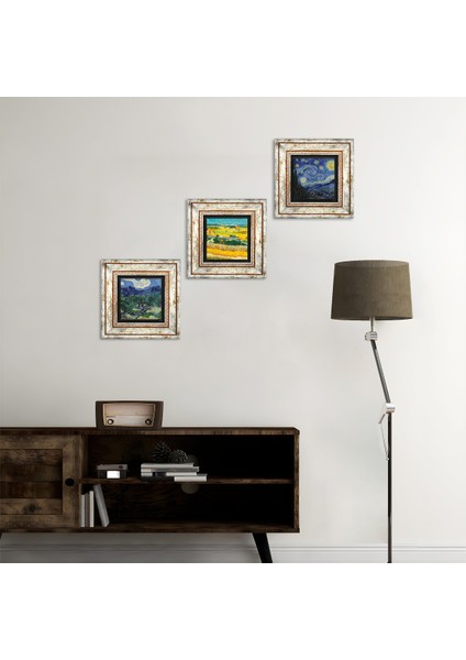 Van Gogh Zeytin Ağaçları, Hasat Manzarası, Yıldızlı Gece Taş Duvar Tablosu Çerçeveli Duvar Dekoru 3 Parça Tablo Seti Wall Art T3-587
