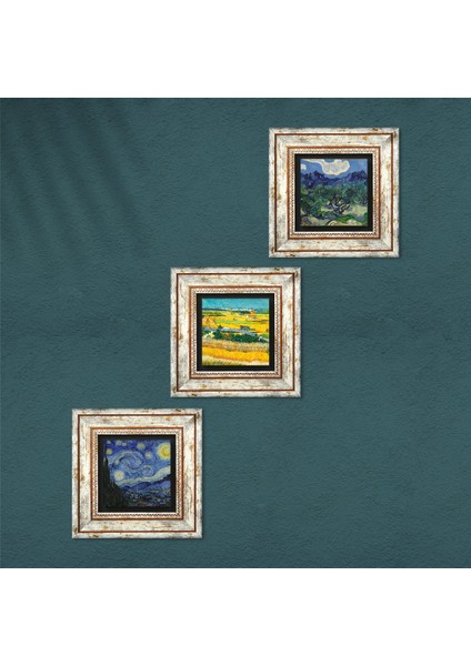Van Gogh Zeytin Ağaçları, Hasat Manzarası, Yıldızlı Gece Taş Duvar Tablosu Çerçeveli Duvar Dekoru 3 Parça Tablo Seti Wall Art T3-587