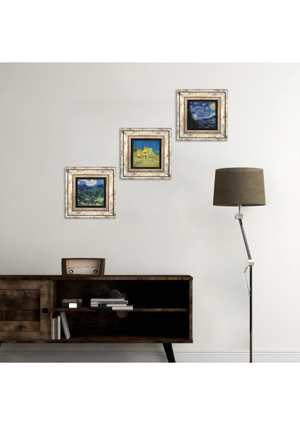 Van Gogh Zeytin Ağaçları, Sarı Ev, Yıldızlı Gece Çerçeveli Taş Duvar Tablosu 3’lü Set - Dekoratif Modern Sanat, Ev ve Ofis Dekoru |TK3-588|
