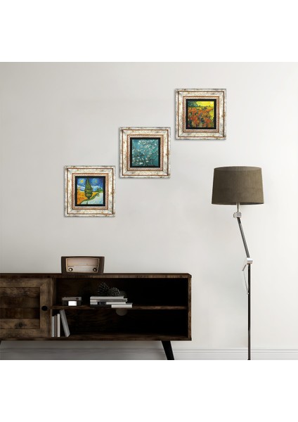 Stone Van Gogh Selvili ve Yıldızlı Yol, Kırmızı Bağ, Badem Ağacı Çerçeveli Taş Duvar Tablosu 3’lü Set - Dekoratif Modern Sanat, Ev ve Ofis Dekoru |TK3-596|