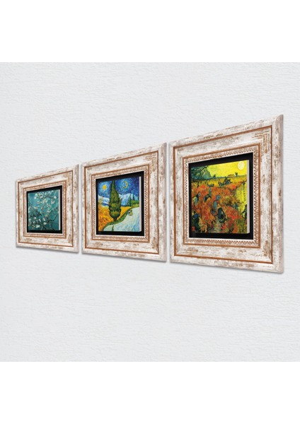 Stone Van Gogh Selvili ve Yıldızlı Yol, Kırmızı Bağ, Badem Ağacı Çerçeveli Taş Duvar Tablosu 3’lü Set - Dekoratif Modern Sanat, Ev ve Ofis Dekoru |TK3-596| fiyatları