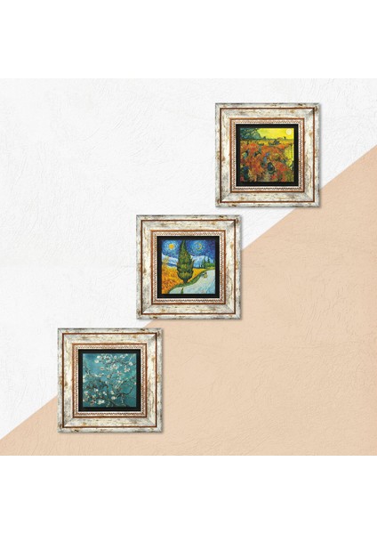 Stone Van Gogh Selvili ve Yıldızlı Yol, Kırmızı Bağ, Badem Ağacı Çerçeveli Taş Duvar Tablosu 3’lü Set - Dekoratif Modern Sanat, Ev ve Ofis Dekoru |TK3-596| indirimleri