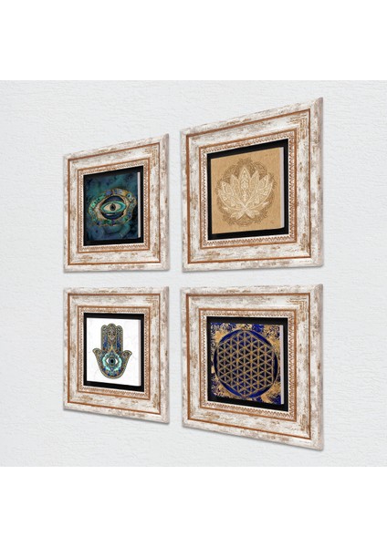 Stone Nazar, Lotus Çiçeği, Yaşam Çiçeği, Fatma Ana Eli (Hamsa) Çerçeveli Taş Duvar Tablosu 4’lü Set - Dekoratif Modern Sanat, Ev ve Ofis Dekoru |TK4-799| fiyatları