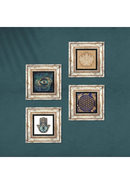 Stone Nazar, Lotus Çiçeği, Yaşam Çiçeği, Fatma Ana Eli (Hamsa) Çerçeveli Taş Duvar Tablosu 4’lü Set - Dekoratif Modern Sanat, Ev ve Ofis Dekoru |TK4-799| fırsatları