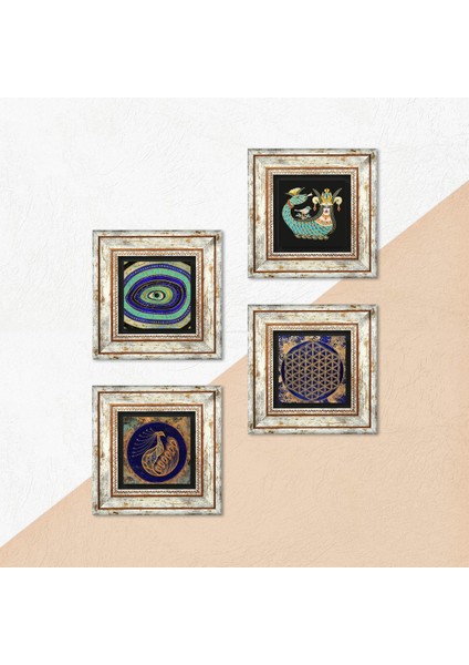 Nazar, Tavus Kuşu, Yaşam Çiçeği, Şahmeran Çerçeveli Taş Duvar Tablosu 4’lü Set - Dekoratif Modern Sanat, Ev ve Ofis Dekoru |TK4-777| indirimleri