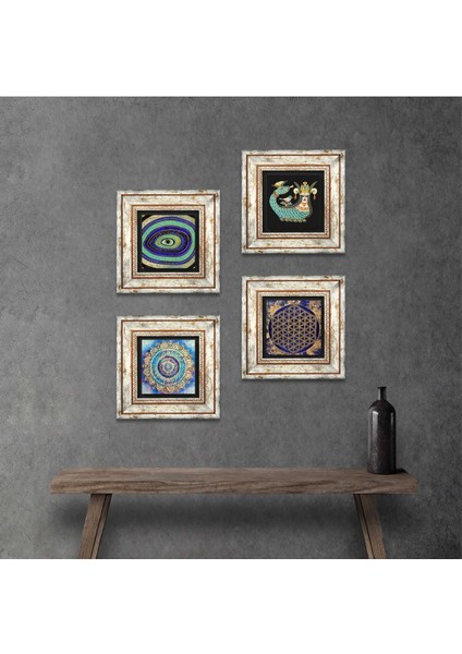 Mandala, Nazar, Yaşam Çiçeği, Şahmeran Çerçeveli Taş Duvar Tablosu 4’lü Set - Dekoratif Modern Sanat, Ev ve Ofis Dekoru |TK4-778|