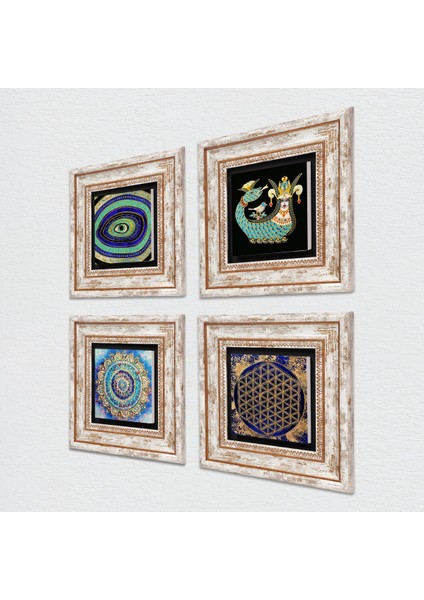 Mandala, Nazar, Yaşam Çiçeği, Şahmeran Çerçeveli Taş Duvar Tablosu 4’lü Set - Dekoratif Modern Sanat, Ev ve Ofis Dekoru |TK4-778| fiyatları