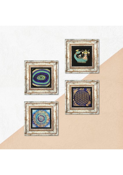 Mandala, Nazar, Yaşam Çiçeği, Şahmeran Çerçeveli Taş Duvar Tablosu 4’lü Set - Dekoratif Modern Sanat, Ev ve Ofis Dekoru |TK4-778| indirimleri