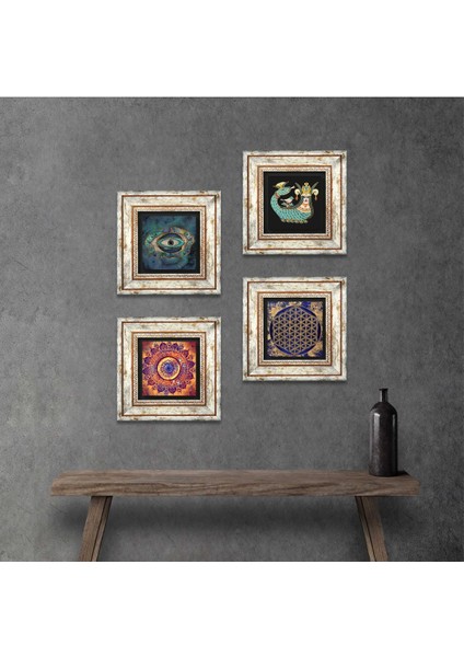Mandala, Nazar, Yaşam Çiçeği, Şahmeran Çerçeveli Taş Duvar Tablosu 4’lü Set - Dekoratif Modern Sanat, Ev ve Ofis Dekoru |TK4-786|