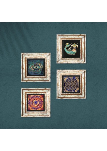 Mandala, Nazar, Yaşam Çiçeği, Şahmeran Çerçeveli Taş Duvar Tablosu 4’lü Set - Dekoratif Modern Sanat, Ev ve Ofis Dekoru |TK4-786| fırsatları