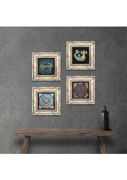 Mandala, Nazar, Yaşam Çiçeği, Şahmeran Çerçeveli Taş Duvar Tablosu 4’lü Set - Dekoratif Modern Sanat, Ev ve Ofis Dekoru |TK4-787|