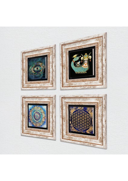 Mandala, Nazar, Yaşam Çiçeği, Şahmeran Çerçeveli Taş Duvar Tablosu 4’lü Set - Dekoratif Modern Sanat, Ev ve Ofis Dekoru |TK4-787| fiyatları